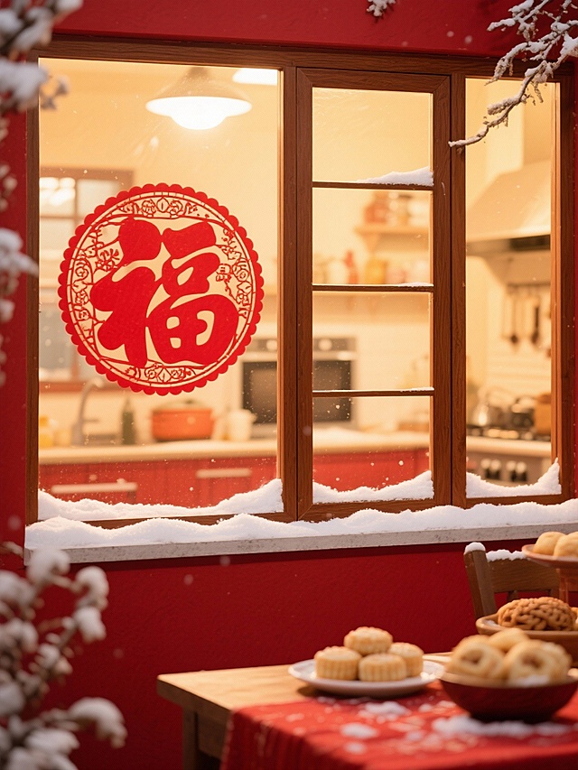 从房屋外透过玻璃向屋内拍摄的视角，红木色窗户上有一个红色的“福”字窗花（虚影效果），窗台上覆盖着白色积雪，红色的墙壁，屋内温暖的厨房场景，桌子上摆放着糕点和麻薯（做模糊处理），整体红黄色色调，营造过年、温暖的氛围，画面干净，具有高级感和年味