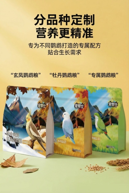 2:3 竖版电商详情图，严格还原宠帮仕鹦鹉专用配合粮三款不同品种包装的设计细节，包括各自的鹦鹉形象、配色、文字、哑光质感，与参考图完全一致，产品与场景物体比例保持 1:1 协调。画面将三款包装按品种分预览效果