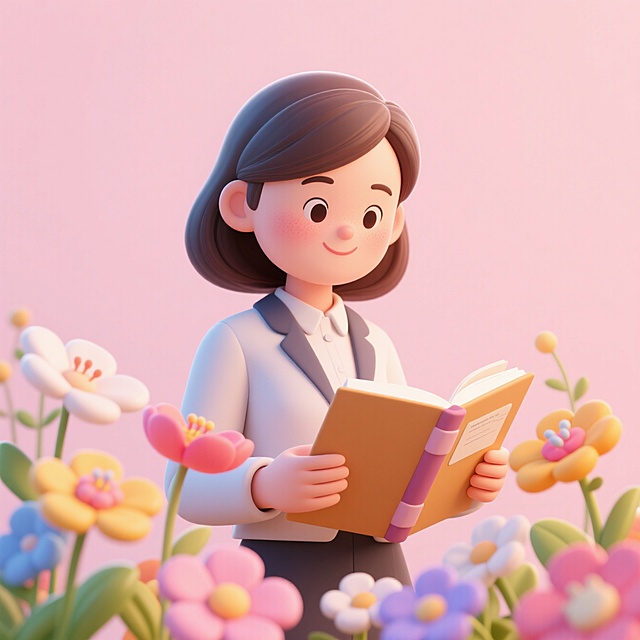 一个年轻女老师拿着教案，周围有鲜花环绕，温馨感，背景浅粉色