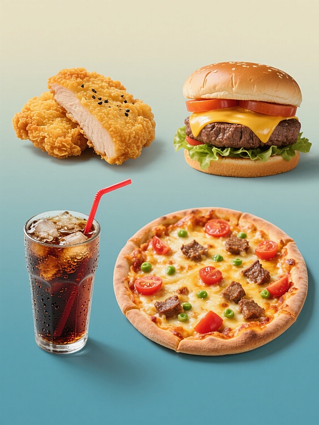 高分辨率美食摄影风格，纯色背景，画面整体色彩变换，四个完全不同元素内容规整排布：左上角是金黄酥脆的炸鸡排，表面撒有黑胡椒粒，肉质鲜嫩多汁；右上角是双层牛肉汉堡，夹着生菜、番茄片和融化的芝士，面包松软略带光泽；左下角是冰镇可乐，杯中冒着气泡，杯壁凝结水珠，配以红色吸管；右下角是圆形披萨，芝士金黄拉丝，上面点缀着红色番茄块、绿色豌豆和褐色肉块，饼边呈浅棕色，整体光影柔和，食物质感细腻真实，色彩鲜亮诱人，构图对称平衡，无LOGO、电话地址及二维码。