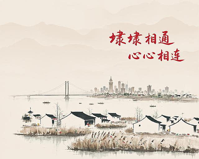 书籍封面设计，水墨风格绘画，标题为"埭埭相通 心心相连"，画面远景为江洲岛城城市风光，由单层吊索大桥跨江连通，近景为乡村小楼及田野，长江江面分布数个船只，整体保持淡雅的水墨国画意境，参考上传图的构图和风格