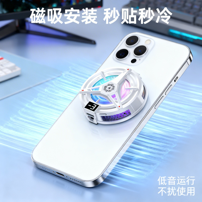 基于用户提供的手机散热器原图，产品外观必须与原图完全一致，生成第四张淘宝天猫主图，场景体验展示。风格为高端智能科技风，展示产品强磁吸附在手机背面的实际使用场景，背景为简约电竞桌面，产品贴合手机背部，突预览效果