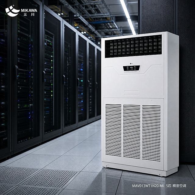 [主图-1] 主题：MAV013WT1N20-Mi精密空调首图，现代化数据中心机房真实场景展示。
[统一基调] 真实场景纪实风，以真实机房环境为背景，冷白工业照明，产品自然融入场景，文字精简克制，整体专业真实有代入感。字体为现代无衬线中文，深灰与白色搭配，文字占比小于20%。
[画面] 产品位于画面右侧前景，正面微侧15°视角，完整展示白色立式柜机机身，占画面约40%。背景为真实的数据中心机房内部：排列整齐的黑色服务器机柜向远处延伸，机柜玻璃门内闪烁着蓝绿色指示灯，架空防静电地板，顶部有走线架与冷白色LED灯条，远处机房通道有自然景深虚化。空调自然立于通道地面，底部与地板接触真实。左上角小字标注品牌Logo。右下角白色小字"MAV013WT1N20-Mi  5匹 精密空调"。
[光影质感] 真实机房照明质感，顶部冷白LED灯均匀照射，服务器指示灯提供环境补光，产品底部地面有真实投影与微弱反射，光影自然不刻意，纪实摄影感。
[配色] 场景以黑、深灰、冷白为主，产品白色突出，指示灯蓝绿色点缀，文字白色。
[文字版式] 左上角品牌Logo；右下角小号白色型号文字；文字精简，以场景和产品为视觉主体。
[输出要求] 比例1:1，2048×2048，产品清晰完整不变形，场景真实自然，文字清晰，无水印、无平台Logo、无错字。