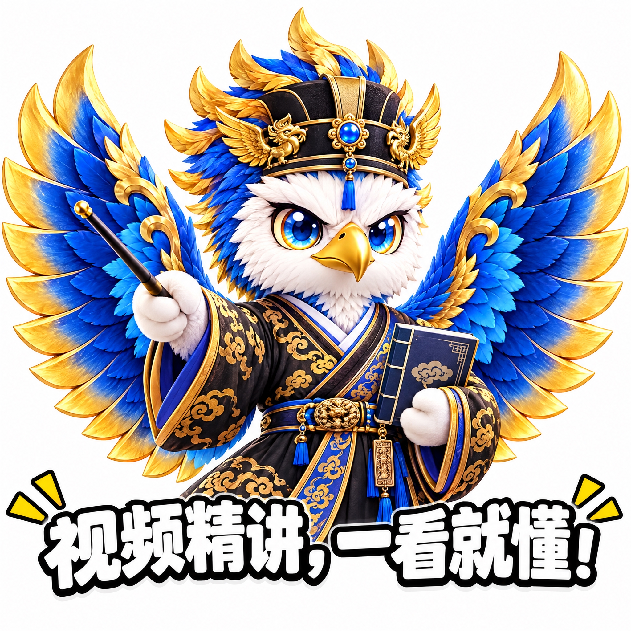 参考图中的蓝金鹰形神兽（穿黑金汉服、展翅、戴官帽），做成可爱表… - 图片创意预览