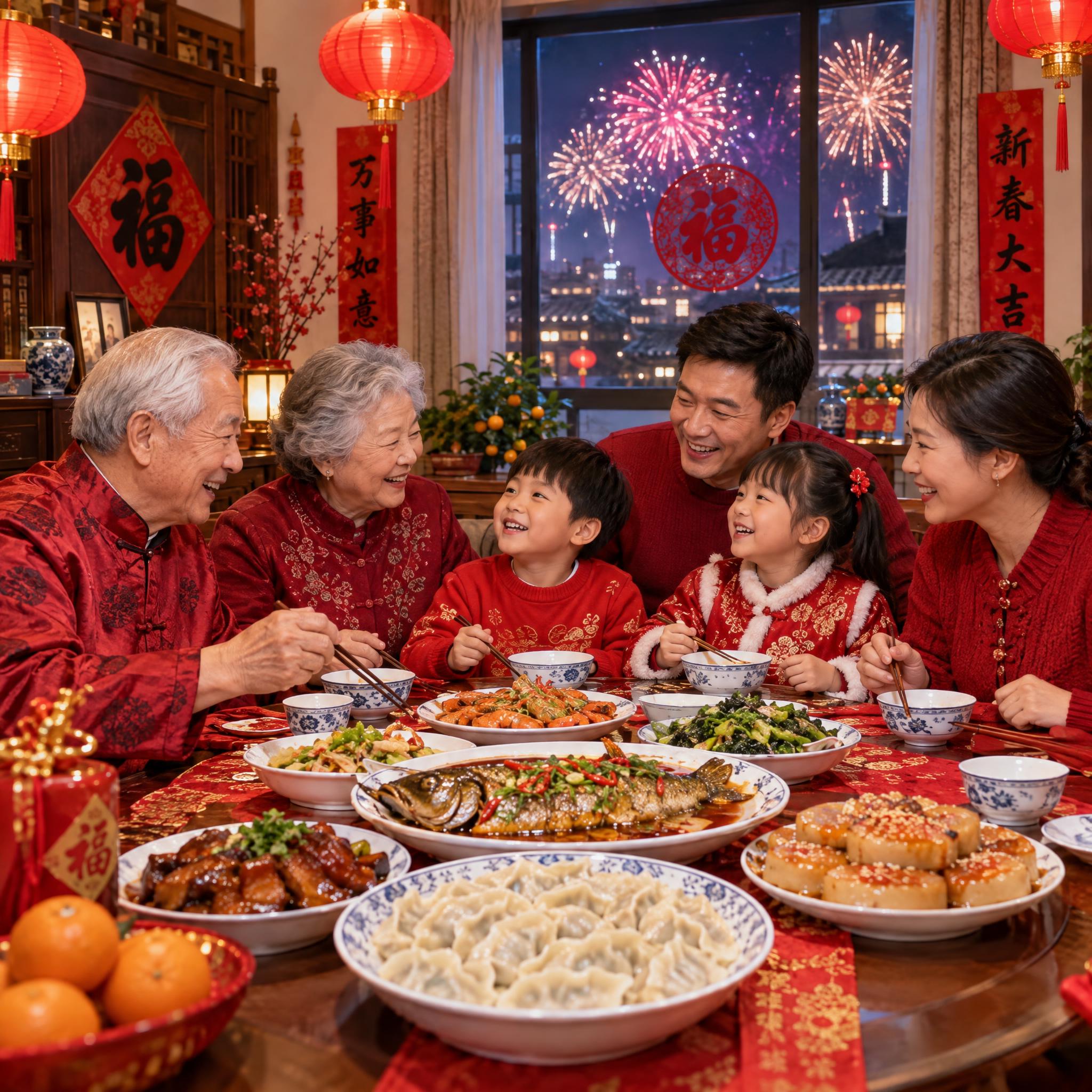 一家人在中国新年团聚的温馨场景，画风真实自然，画面中有爷爷奶奶… - 图片创意预览