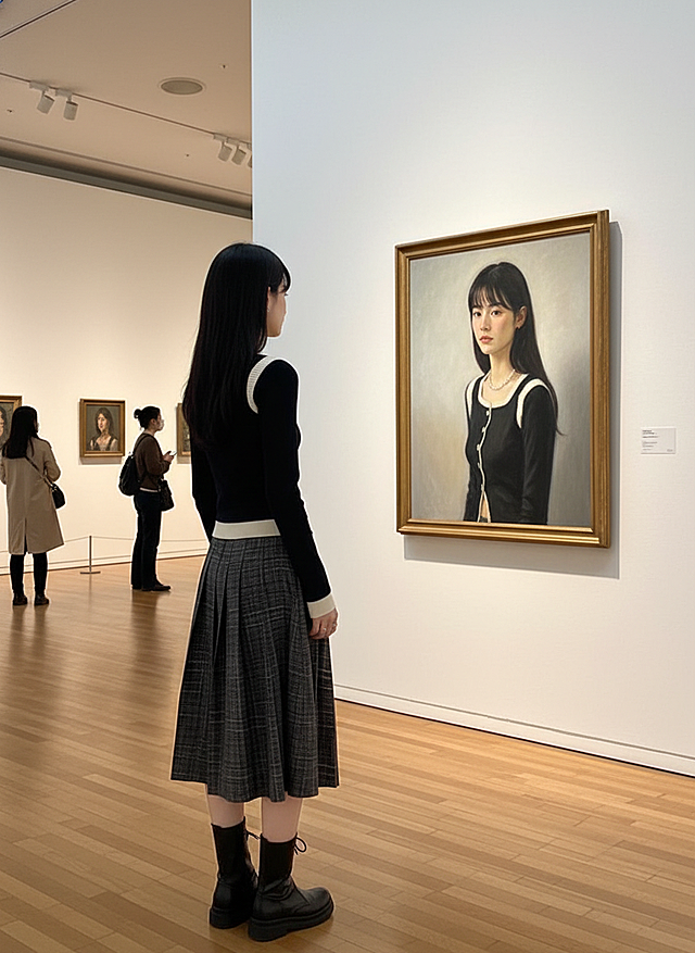 斜拍背面视角，在一个艺术展厅里，参考图人物在欣赏墙上挂着的一幅风格写实的油画，画中人物形象与该人物呼应，画要显示完整，远处有其他参观的人，画面是明亮射灯营造的自然氛围。