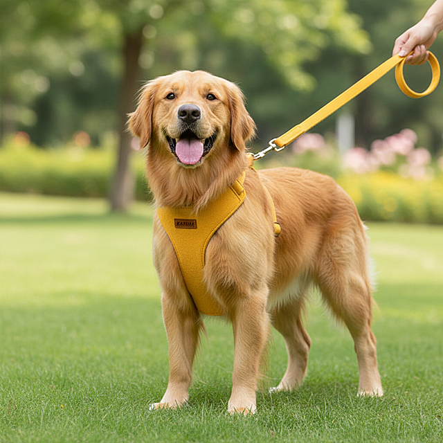 方案一：户外穿戴款：金毛犬穿戴黄色背心式牵引绳站在草坪上，主人轻拉牵引绳，狗狗吐舌微笑，背景虚化突出背心质感