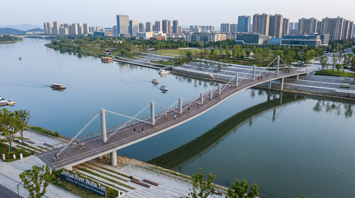 生成五百滩南侧金华江与岸堤跨江的钢结构人行景观桥，参考图中桥的立面结构预览效果