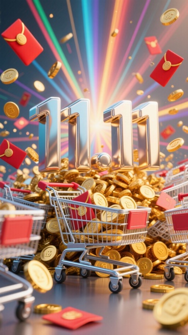 巨大3D数字“11.11”，背景为购物车、红包、放射线、金币元素组成的场景预览效果