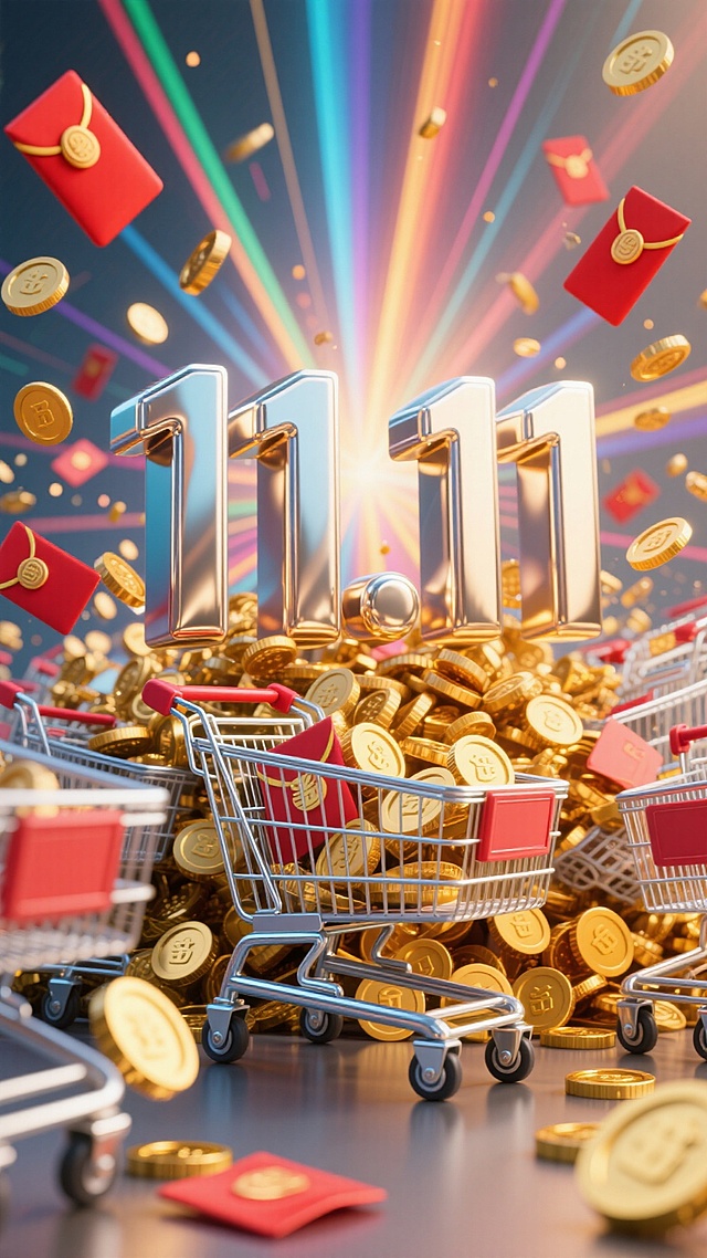 3D风与超级符号风融合，金属质感的“11.11”闪耀中央，金币红包纷飞，购物车环绕，鎏金与科技光效交织，营造喜庆梦幻的购物狂欢节氛围。