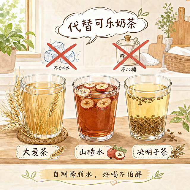 清爽的夏日厨房一角，三杯饮品并排：一杯淡棕色的大麦茶（麦穗装饰），一杯红棕色的山楂水（山楂片漂浮），一杯淡黄色的决明子茶（决明子颗粒）。每杯旁边标注名称。背景有冰块被红叉叉掉（表示不加冰），糖罐也被打叉。一个气泡文字写着“代替可乐奶茶”。整体色调浅棕、米白，清新自然，手绘插画风格。画面下方写一行小字“自制降脂水，好喝不怕胖”。