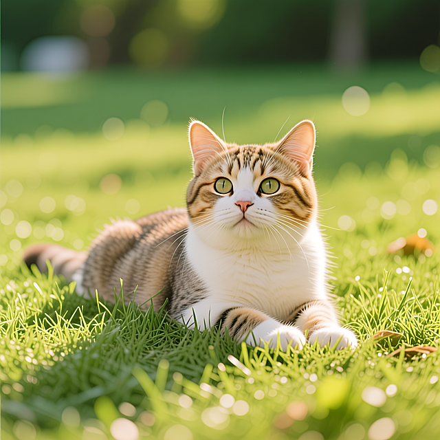 一只可爱的猫咪，自然温馨风格，在柔软的草坪上晒太阳