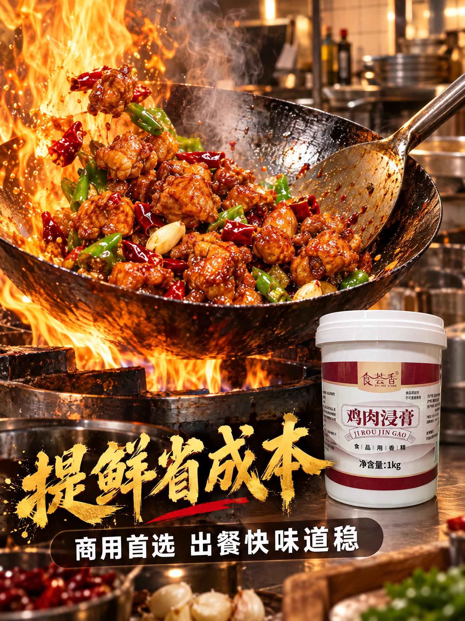 简约餐饮商用风格主图，画面主体为大火爆炒的红烧鸡块场景，铁锅中… - 图片创意预览