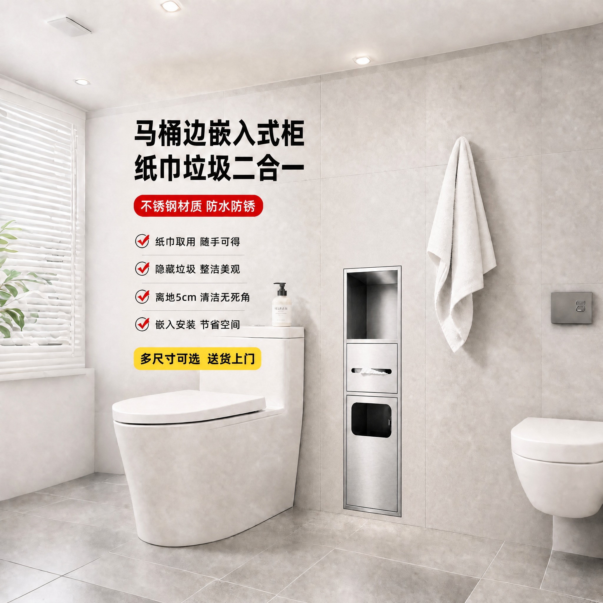 保持卫生间整体场景、白色马桶、墙面地面瓷砖、光影全部不变。将墙… - 图片创意预览