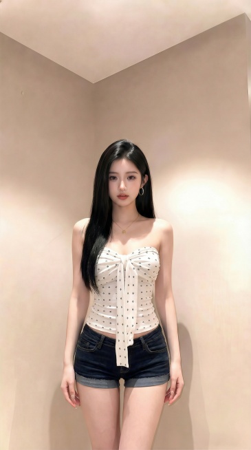 将图一图二的白色波点抹胸+牛仔短裤穿搭换到图三人物身上，去掉包包，给人物更换简约耳饰，佩戴精致项链，调整为腰细的纤细身材比例，保留图三人物的发型、面部和背景预览效果