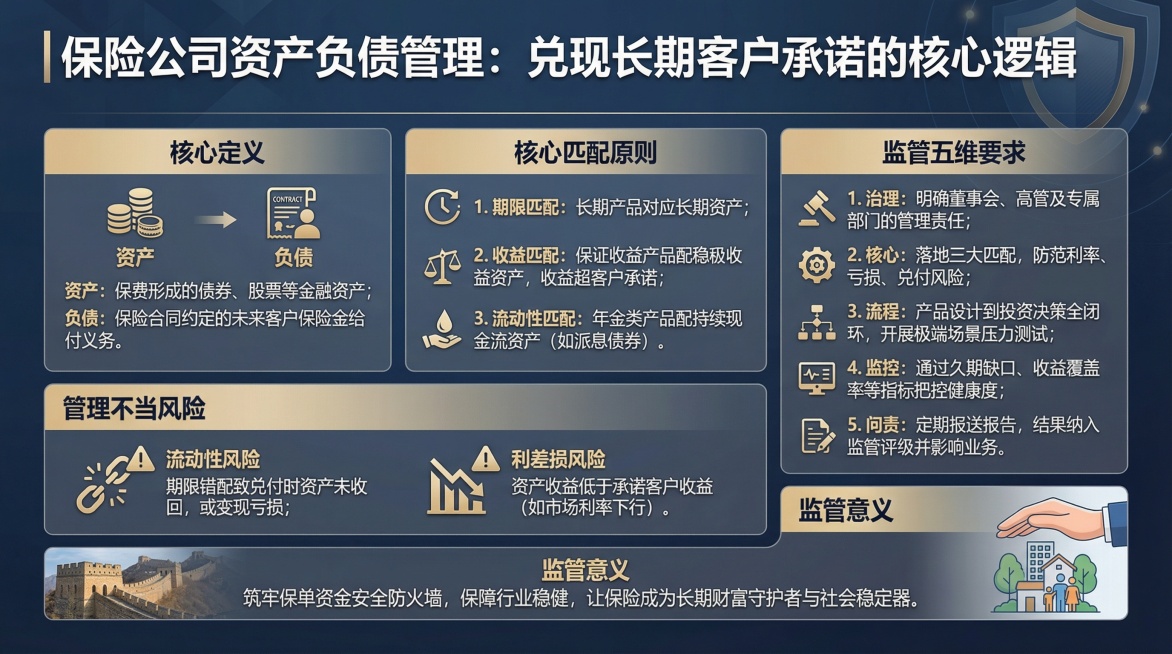 保留所有文字生成图片
标题：保险公司资产负债管理：兑现长期客户承诺的核心逻辑
核心定义
资产：保费形成的债券、股票等金融资产；
负债：保险合同约定的未来客户保险金给付义务。

核心匹配原则
1. 期限预览效果