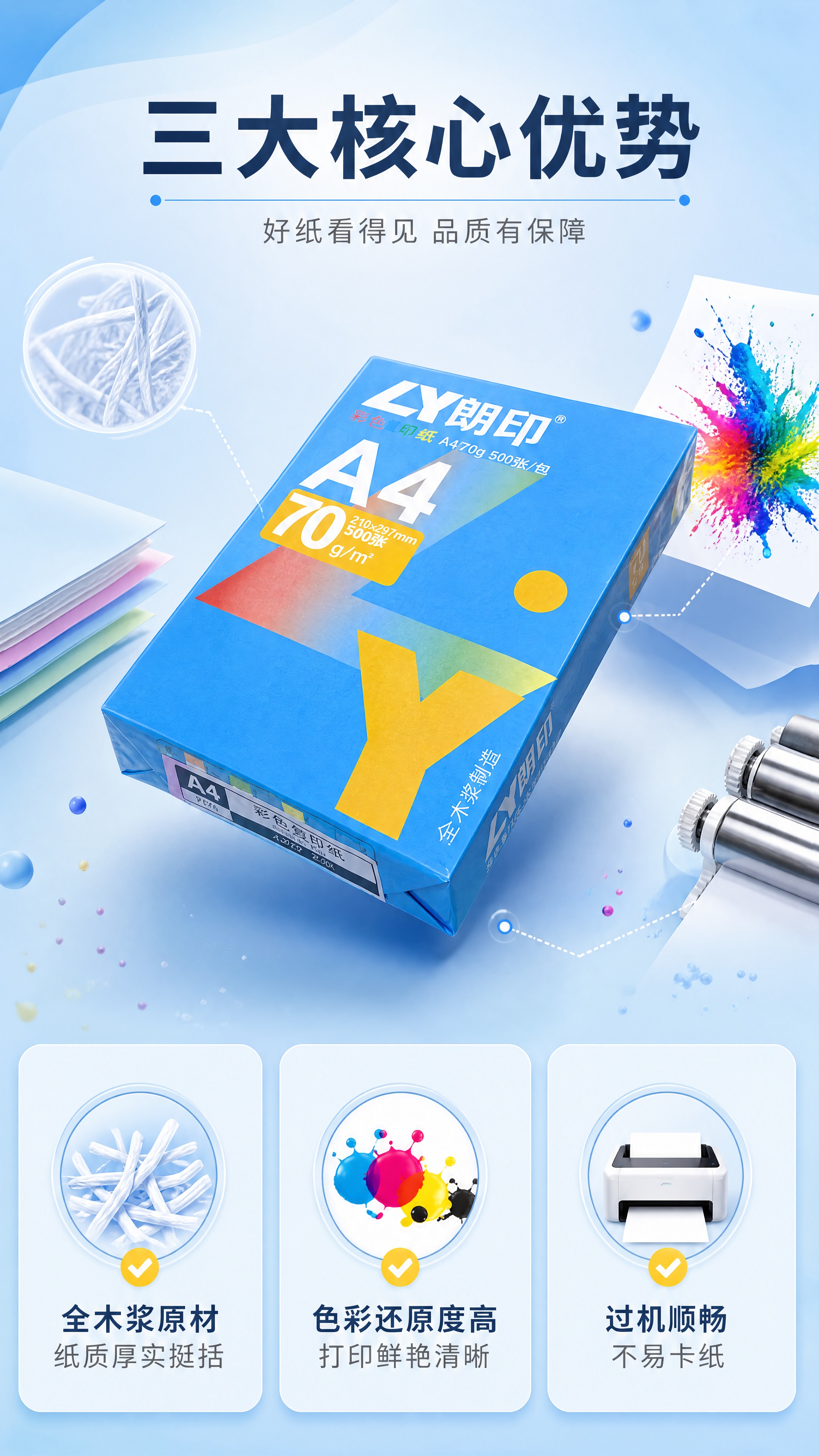 [商品] 使用【图2】朗印A4彩色复印纸俯视角度产品图；保留蓝… - 图片创意预览