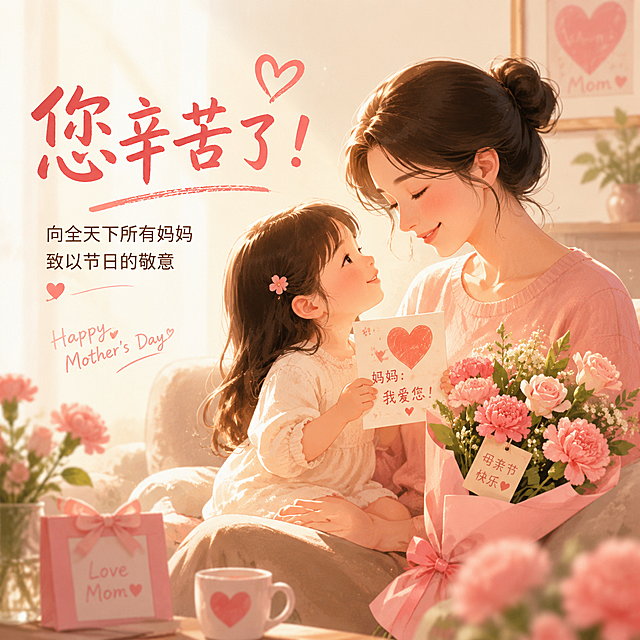 母亲节温馨主题画面，画面中包含温暖治愈的亲子互动场景，整体氛围柔和美好，画面中添加完整文案"您辛苦了！"，向全天下所有妈妈致以节日的敬意