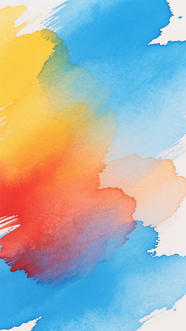 色彩丰富的抽象水彩渐变背景，由纯净的蓝色、明亮的黄色和温暖的橙色、红色自然融合过渡，呈现出干净明快的视觉风格，笔触自然流畅且带有细腻的纹理感，整体色调和谐统一，光影柔和，适合作为背景使用，营造出清新活泼而又不失艺术感的氛围。