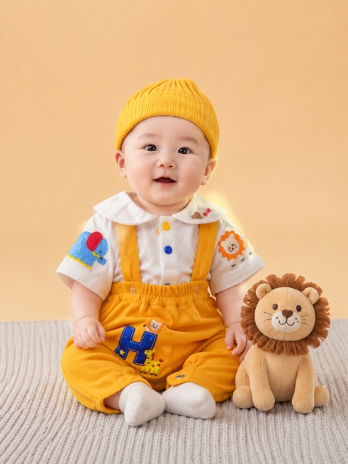 超写实百天宝宝模特室内影棚服装展示摄影。
主体：百天宝宝白T黄背带裤两件套严格参照上传产品图，完整保留白色T恤动物刺绣、黄色背带裤字母刺绣全部细节，纹理、颜色、造型与原图完全一致，产品占画面 50%，预览效果