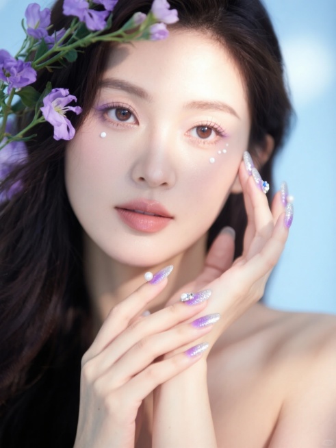 一张女性人像特写，柔和的自然光从上方照射，在人物面部和手部形成明亮的高光与自然的阴影过渡，整体呈现清新、梦幻的氛围。女性有着深色的长发，发丝自然垂落，部分被紫色的花卉枝叶环绕，增添浪漫感。她的眼睛看向镜头，眼神清澈，眼周点缀着细小的白色亮片装饰，妆容精致淡雅。双手手指纤细，原本的银色闪粉美甲变换为带有紫色渐变晕染效果、点缀着细小珍珠和水晶装饰的新款美甲样式，指甲边缘光滑整洁。背景为浅蓝色，带有……预览效果