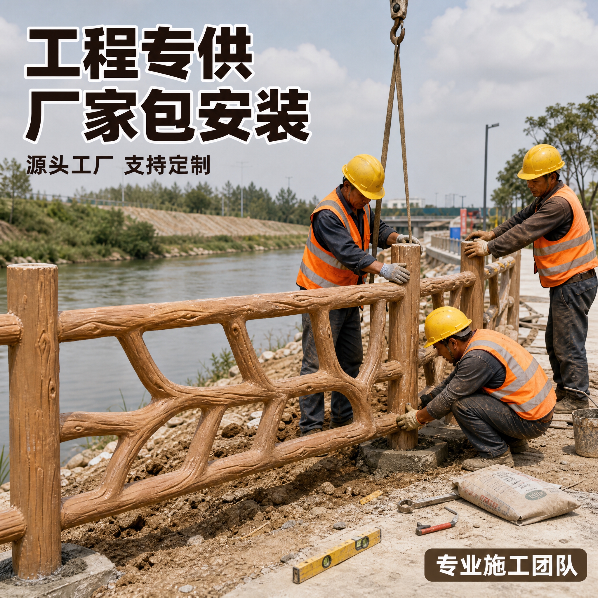[主图-1] 主题：工人正在工地现场安装仿木护栏，突出工程专供… - 图片创意预览
