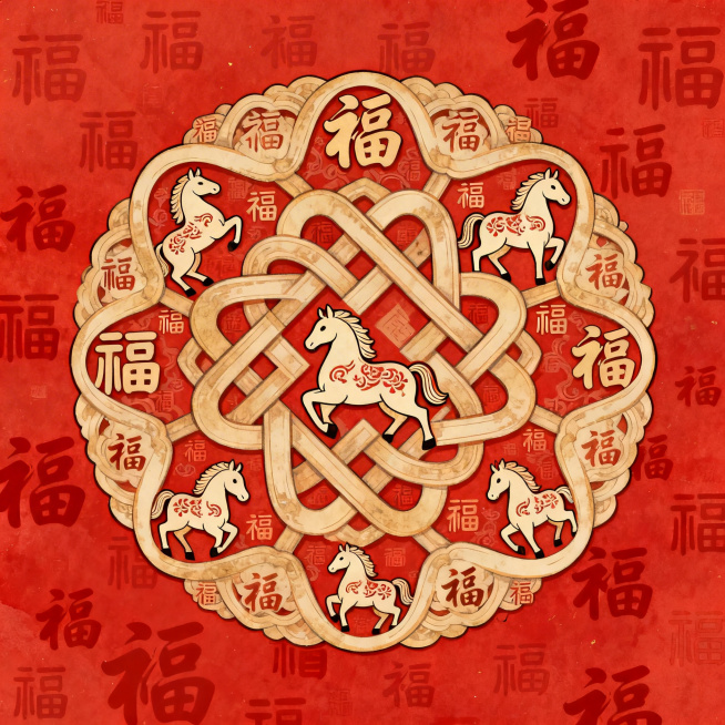 一幅充满国风吉祥韵味的插画，以喜庆的红色为背景，画面中是一个由众多 “福” 字、生肖各种马的图案吉祥元素组成的一个一个圆形的团花或盘长结造型。整体风格古朴喜庆，运用传统民俗元素与红色基调，营造出浓厚的预览效果
