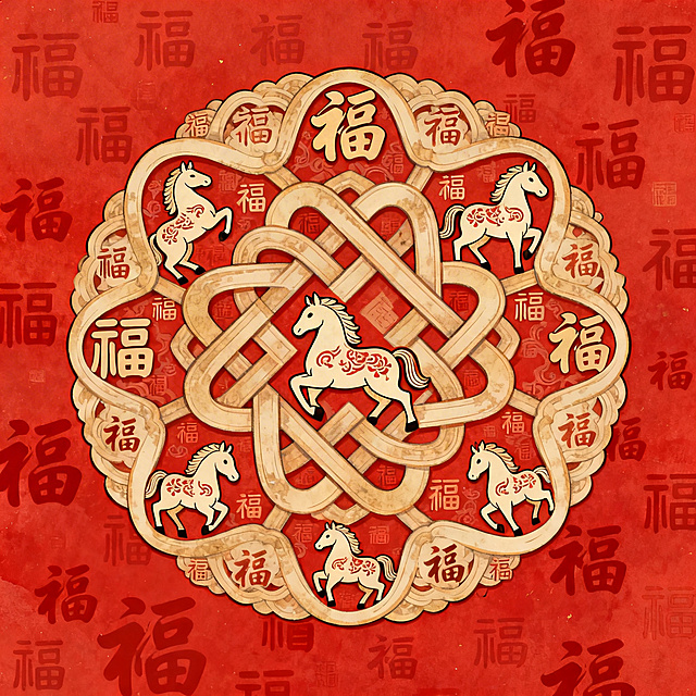 红底金纹，剪纸风与浮雕感交织，国潮插画呈现五马奔腾，环绕中国结，福字满溢，喜庆中式民族风浓烈。