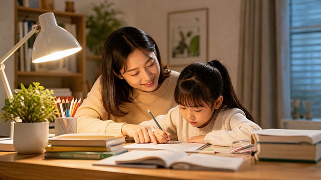 微信公众号头条封面图，横版构图。温馨的家庭书房场景，一位家长坐在孩子旁边辅导孩子写作业，孩子趴在书桌前认真写字，桌上摆放着课本、作业本、台灯、文具。暖黄色灯光，温馨治愈的氛围，现代家居风格，画面干净明亮，适合作为公众号封面。写实风格，高清细节，柔和光影。