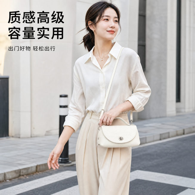 [主图-6] 场景搭配展示主图，多种背法全展示
[氛围风格] 高级生活化展示，百搭通勤
[画质] 商业摄影质感、光线柔和通透、产品清晰真实、画面干净高级、高清无水印
[元素] 同一位年轻亚洲女模特斜挎预览效果