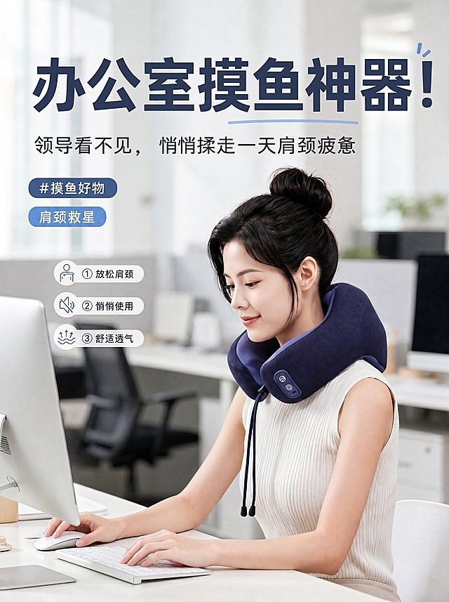 请将参考图 1 的【按摩护颈U型枕】1:1 还原其形态、品牌标识、细节纹理、五金件等所有细节，替换参考图 2 模特脖子上原有同款护颈枕，穿戴到参考图 2 的模特身上；完全保持参考图 2 模特的身姿、面部、发型、气质、动作/姿态不变；模特身上参考图 1 未覆盖的部位（基础服装/鞋袜/其他配饰）严格保持参考图 2 原样；画面背景/光影/构图/景别严格保持参考图 2 原样，不做改写。参考图 1 的【按摩护颈U型枕】1:1 还原所有细节；尺寸贴合颈部。穿戴位置合理；颈部与U型枕自然接触；人体结构正确；商品与人体边界清晰可分、层次分明、接触点自然贴合。
