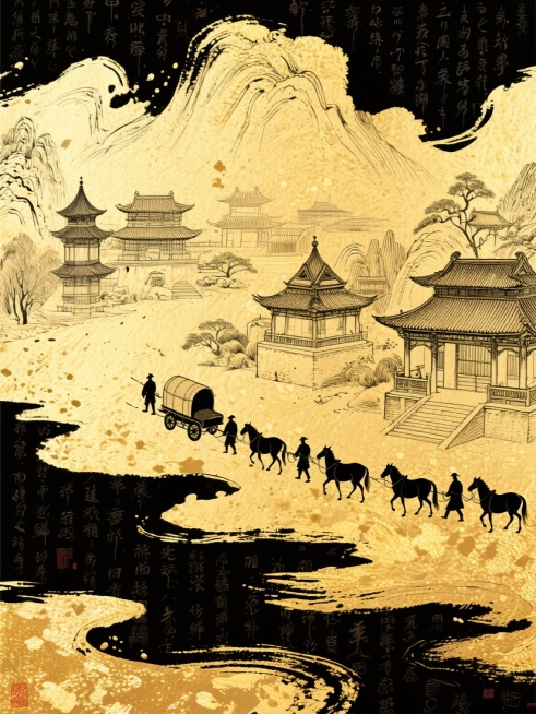 钢笔画风格插画，极简主义，by James Jean风格，一整片巨大笔触的金箔色水墨晕染泼墨覆盖整个画面，水墨浸染渐变墨染飞溅效果中叠加金色中国风山水、大量亭台楼阁，以及一支运输人员与马车队的剪影，其预览效果