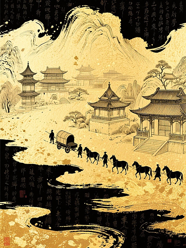 钢笔画风格插画，极简主义，by James Jean风格，一整片巨大笔触的金箔色水墨晕染泼墨覆盖整个画面，水墨浸染渐变墨染飞溅效果中叠加金色中国风山水、大量亭台楼阁，以及一支运输人员与马车队的剪影，其余背景是带细小诗词底纹的黑色，整体呈现电影大视觉