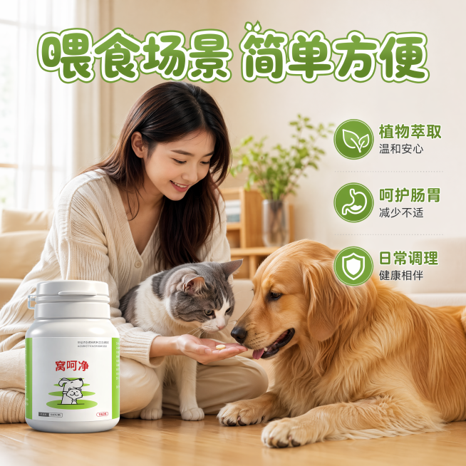 「图片1」，生成一套主图（3张），商品名称是窝呵净，卖点是安全温和，犬猫通用，科学配比，植物提取，养宠家庭常备，有猫猫狗狗在快乐奔跑的场景。其中一张图片为主人正在给爱宠喂食该产品的场景图（该产品为片剂预览效果