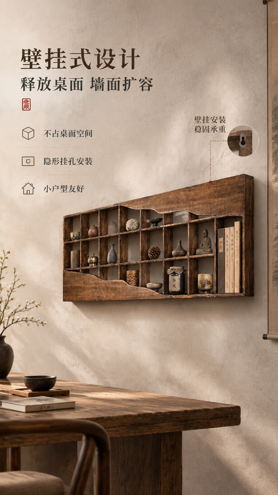 [商品] 使用【图1】老榆木挂壁架；保留整体结构、老榆木深棕做… - 图片创意预览