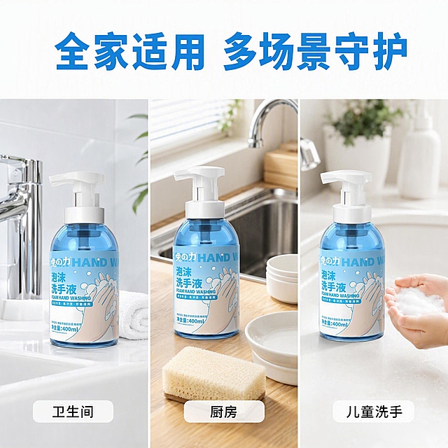 [主图-4] 家庭多场景使用图，洗手台+厨房+卫生间三场景宫格。
[氛围风格] 真实家庭生活感，清新洁净，蓝白主调统一。
[画质] 商业摄影质感、光线柔和通透、产品清晰真实、画面干净高级。
[元素] 画面采用三宫格横向布局，每格展示一个真实使用场景：左格-卫生间洗手台场景，产品放在白色洗手台旁，水龙头与毛巾作背景；中格-厨房水槽场景，产品放在不锈钢水槽边，旁边有洗碗棉与餐具；右格-儿童洗手场景（仅展示儿童小手在水池边接泡沫的局部，不出现完整人脸）。每格中都有同一瓶兔之力泡沫洗手液产品，角度略有不同但外观完全一致。**保持每格中洗手液产品外观与输入产品图完全一致，杜绝变形色差；所有手部仅展示局部，避免复杂手指结构**。三格之间有细微白色分隔线。
[光影] 每格均为明亮自然光，左格卫生间冷白光、中格厨房暖白光、右格柔和暖光，整体亮度统一，均突出产品与泡沫的洁净感。
[配色] 主色清透蓝+洁净白；中格加入浅木色暖调作辅色但不跳脱整体；整体仍以蓝白洁净感为主。继承整套色板。
[视角构图] 三宫格等宽横向排列，每格内产品为主体，场景作背景，视角均为平视略微俯视，统一协调。
[文字版式] 画面顶部通栏大标题「全家适用 多场景守护」蓝色粗体大号字，居中放置。每格底部有白色半透明小标签，分别标注「卫生间」「厨房」「儿童洗手」，黑色小号字清晰可读。文字不遮挡产品主体。
[输出要求] 1:1比例，文字清晰锐利可辨，超高清商业摄影质感。
[负向提示词] 变形，文字错乱，产品图模糊，背景杂乱，水印，电商平台Logo，多余的手，畸形手，手指融合扭曲，人物面部扭曲。
