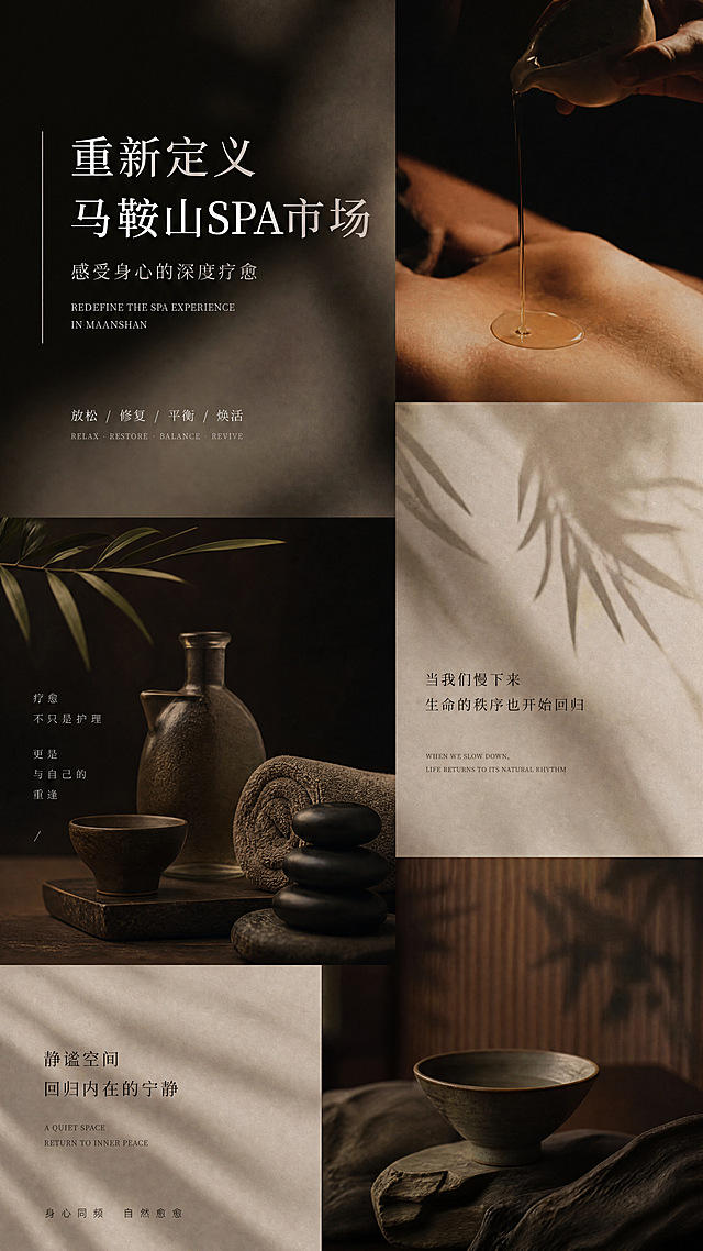 参考提供的两张参考图的高级美陈ins风格，生成一张9:16的spa品宣海报，不需要品牌logo，主标题为"重新定义马鞍山SPA市场"，整体采用深棕低饱和莫兰迪色调，氛围高级静谧疗愈，排版简约精致，保留参考图的质感和光影，融合spa疗愈元素
