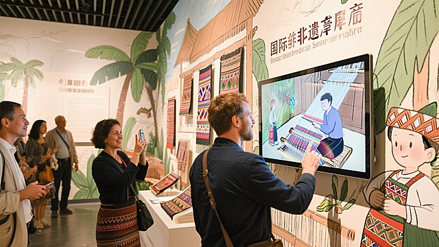 国际非遗展厅内，保持整体手绘风格，观众触摸电子屏幕体验虚拟黎锦织造，外国友人保持手绘质感，对着黎锦展品点赞拍照，氛围热闹温馨，传统非遗融合现代科技，手绘风格