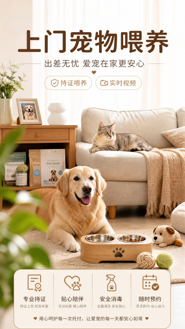 温暖治愈写实商业摄影风格上门宠物喂养服务海报，主标题文字"上门宠物喂养"，副标题文字"出差无忧 爱宠在家更安心"，装饰文案"持证喂养" "实时视频"，卖点文案分别是"专业持证" "贴心陪伴" "安全消预览效果