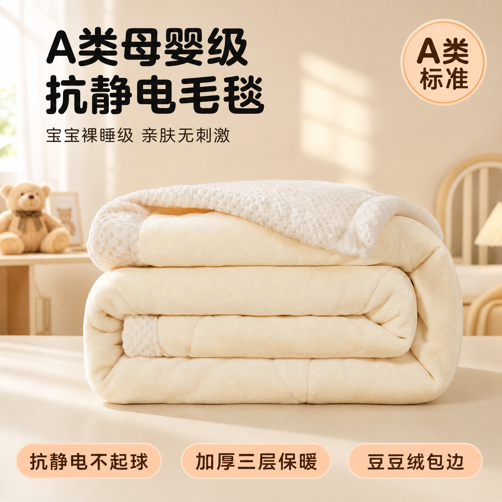 拼多多电商主图，A类母婴级抗静电牛奶绒毛毯（奶白色款），豆豆绒… - 图片创意预览