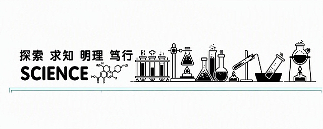 严格按照参考图重新描绘，生成高清矢量风格的化学科学主题横幅插画。画面左侧为中文文字“探索 求知 明理 笃行”，下方是英文大写“SCIENCE”，旁边配有一个化学分子结构式；画面右侧从左到右依次排列：试管架（三支试管，分别有热气、气泡等反应效果）、铁架台加热锥形瓶、大小不同的锥形瓶和烧瓶（有气泡和液体）、酒精灯加热倾斜试管、水槽中放置的试管、铁架台加热圆底烧瓶。整体为黑白线条扁平化风格，线条清晰流畅，底部有两条青绿色细横线装饰，白色背景，画面干净整洁，所有元素布局和比例与参考图完全一致，超高清晰度，4K分辨率