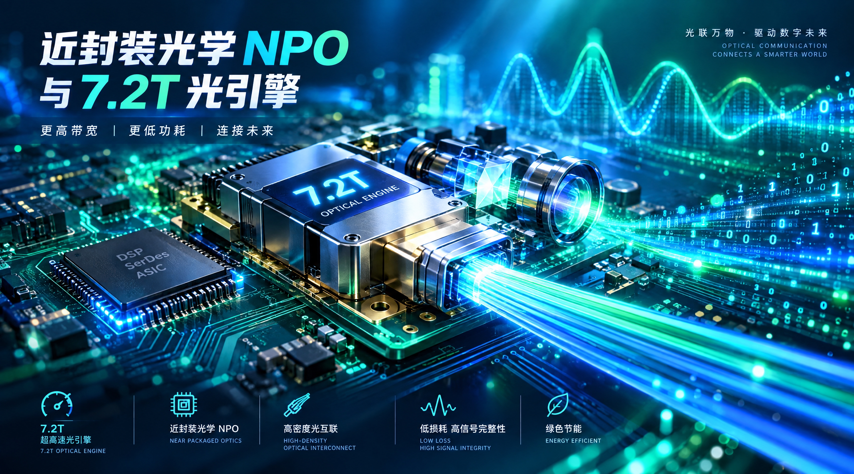 光通信科技感封面图，主题为近封装光学NPO与7.2T光引擎。画… - 图片创意预览