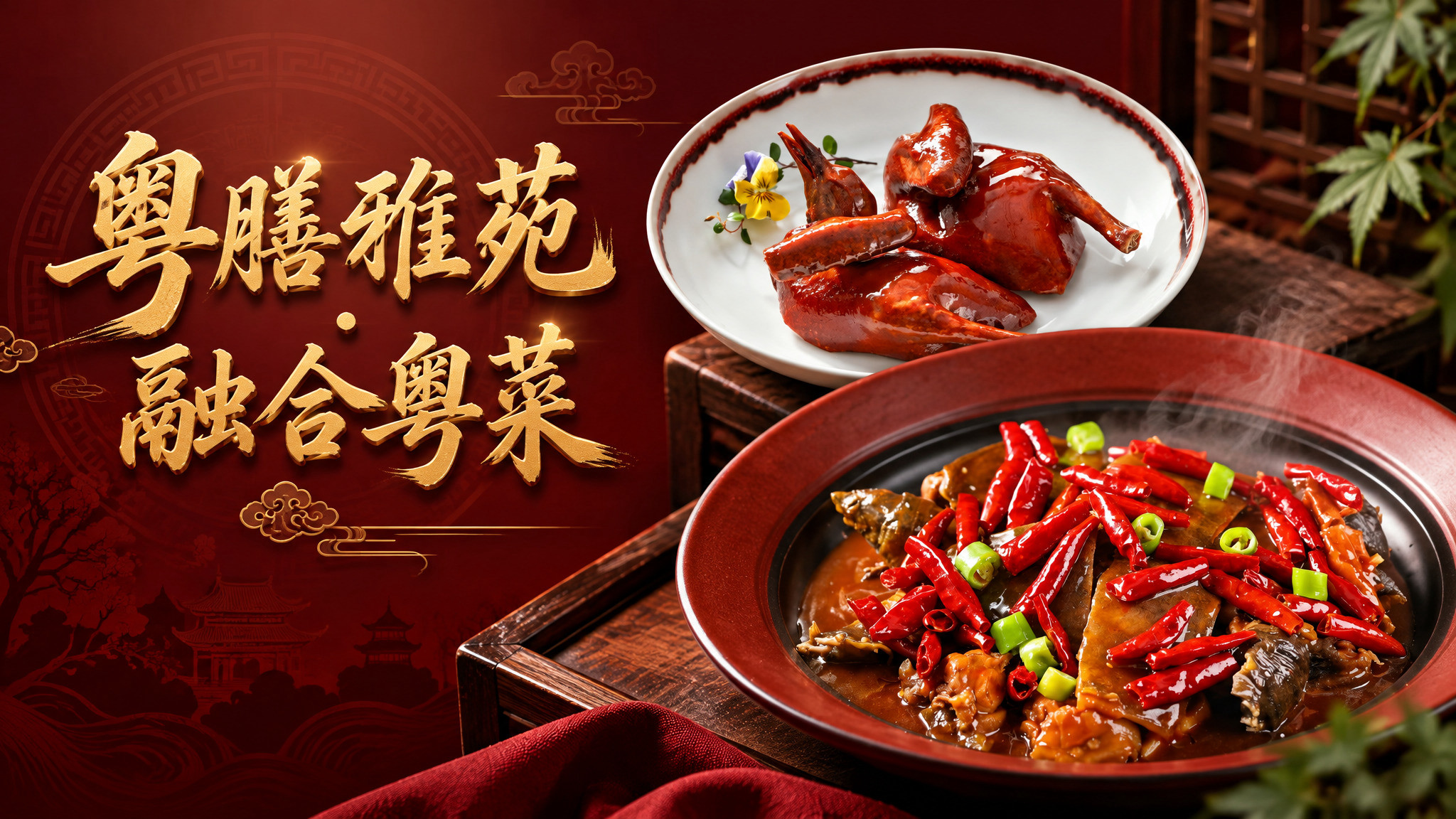 横版粤菜美食海报，左右构图。左侧为主题文字区域，金色大气书法字… - 图片创意预览