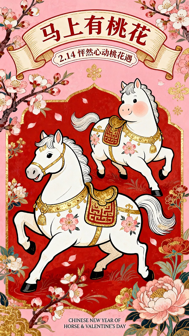 以2只胖嘟嘟的白色 唐代小马驹 玩耍的形象作为视觉中心（装饰桃花纹路的金纹和中式马鞍），强动态感构图，搭配桃花、花卉装饰元素。顶部结合桃花枝设计”马上有桃花“的弯曲变形字标题+卷轴样式线框的文案"2.14 怦然心动桃花遇，"底部设精致的小字 “CHINESE NEW YEAR OF HORSE & VALENTINE'S DAY" 。色彩以红、金为主，粉色背景。
