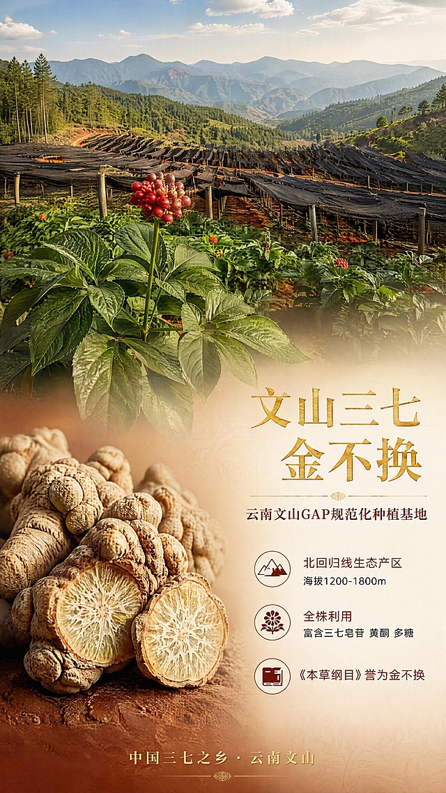 第4张 原料溯源·三七-云南文山三七产地专页。文生图，无需产品主体，重点展示原料与产地。
氛围/风格：高端新中式滋补风，云南高原产地氛围感，自然大气，大品牌品质感。
元素布局：画面上半部分为云南文山高原三七种植基地实景，红土地三七棚整齐排列，远山连绵；中景有三七整株植物特写，绿叶红果；下半部分左侧为三七根块微距特写，断面纹理清晰，右侧为信息文字区；三七原料元素占画面约40%，产地场景占约40%。
光影质感：高原明亮自然光，三七根块有侧光突出质感，整体通透自然。
配色色系：全局底色红土褐渐变过渡至米白；主色三七绿#3D5A3D；辅助色红土红#8B3A1A、金色#D4AF37。
视角构图：上下分层构图，上产地下原料特写，阅读动线从上至下。
文字版式：右上角主标题「文山三七 金不换」，宋体金色大字；副标题「云南文山GAP规范化种植基地」；下方三条卖点：「北回归线生态产区 海拔1200-1800m」「全株利用 富含三七皂苷 黄酮 多糖」「《本草纲目》誉为金不换」，每条配简约中式图标；底部小字标注「中国三七之乡·云南文山」；宋体标题，黑体正文，字色金红两色。
比例分辨率：9:16竖版，4K分辨率，文字清晰可辨，高清画质。
负向提示词：人物，现代建筑，水印，文字错乱，颜色偏差，低分辨率。