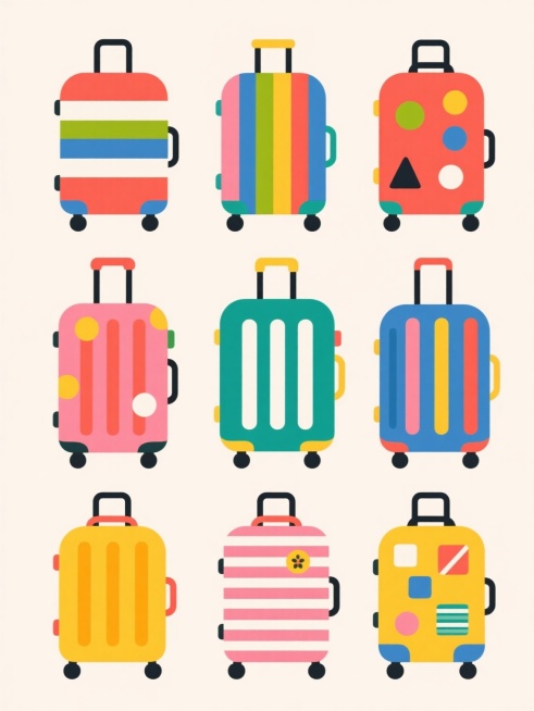 扁平化设计风格的行李箱系列素材集合，整体采用简约卡通风格，线条流畅圆润，无渐变无复杂光影，纯色背景。多只形态相同的行李箱规整排布，保持原有的箱体结构、竖条纹装饰、黑色拉杆和滚轮等核心元素类目，每只行李箱运用完全不同的鲜艳配色方案，包括箱体主色、条纹颜色和细节部件颜色的多样化组合，部分行李箱表面添加丰富的简约图案元素，如波点、几何图形、条纹变体、小图标等，整体视觉层次清晰，色彩明快活泼，适合作为……预览效果