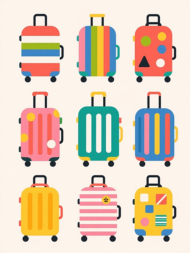 扁平化设计风格的行李箱系列素材集合，整体采用简约卡通风格，线条流畅圆润，无渐变无复杂光影，纯色背景。多只形态相同的行李箱规整排布，保持原有的箱体结构、竖条纹装饰、黑色拉杆和滚轮等核心元素类目，每只行李箱运用完全不同的鲜艳配色方案，包括箱体主色、条纹颜色和细节部件颜色的多样化组合，部分行李箱表面添加丰富的简约图案元素，如波点、几何图形、条纹变体、小图标等，整体视觉层次清晰，色彩明快活泼，适合作为设计素材使用。