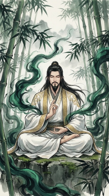 古风男子竹林场景融合白衣金纹禅意融墨绿仙气预览效果