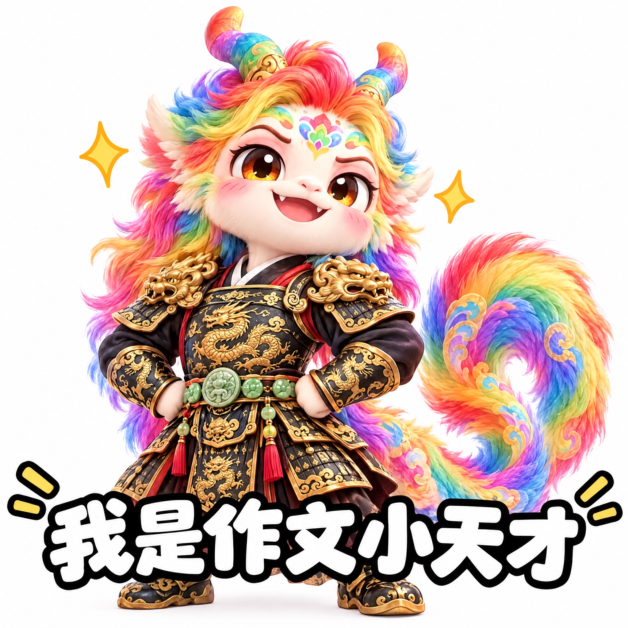 参考图中的彩虹鬃毛龙形神兽（穿黑色金龙铠甲），做成可爱表情包风… - 图片创意预览