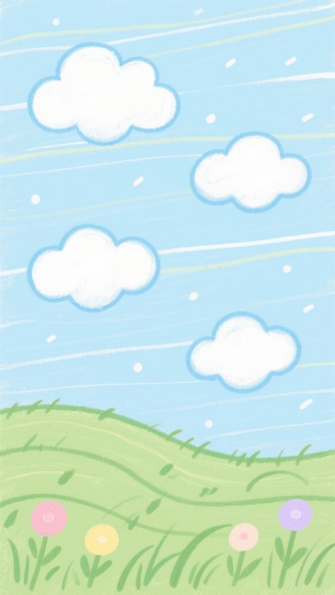 可爱风格手绘背景，浅蓝色天空采用横向排列的柔和线条笔触，点缀着蓬松的白色云朵，云朵边缘有淡淡的蓝色阴影，天空中散布着细小的白色短线作为装饰；画面下方是绿色的起伏草地，同样使用流畅的曲线笔触，草地上生长着简化的绿色小草和几朵色彩柔和的圆形小花，包括粉色、黄色和淡紫色，整体构图简洁明快，色彩清新柔和，营造出轻松愉快的可爱氛围。预览效果